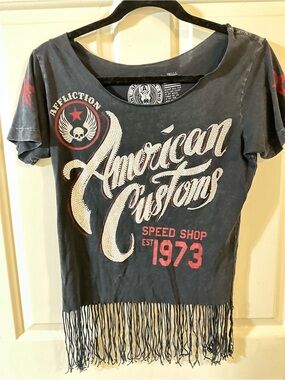 Affliction Charcoal Black Fringe American Customs Graphic Tee with Red Accents